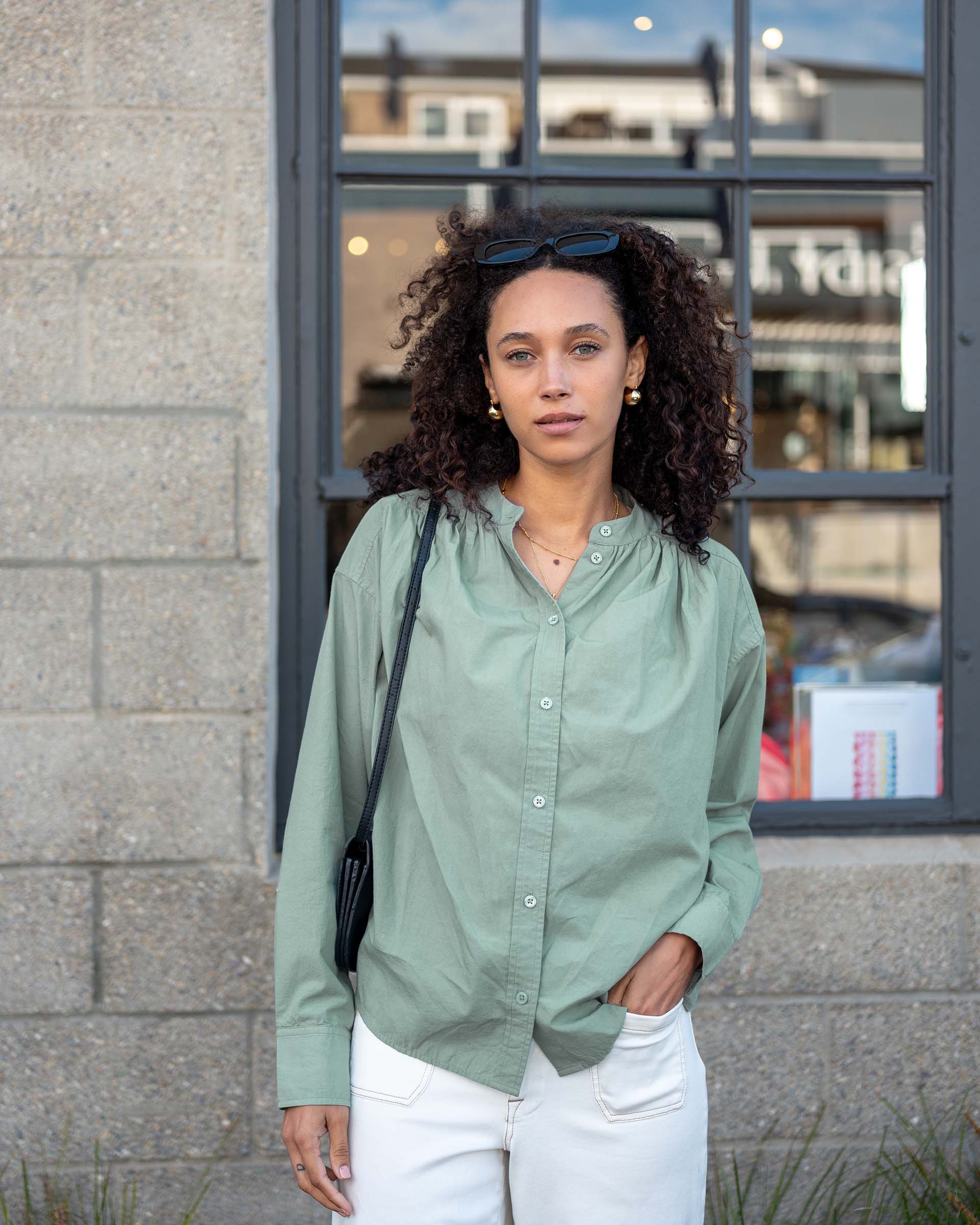 Women's Light Green Long Sleeve Button Up Blouse