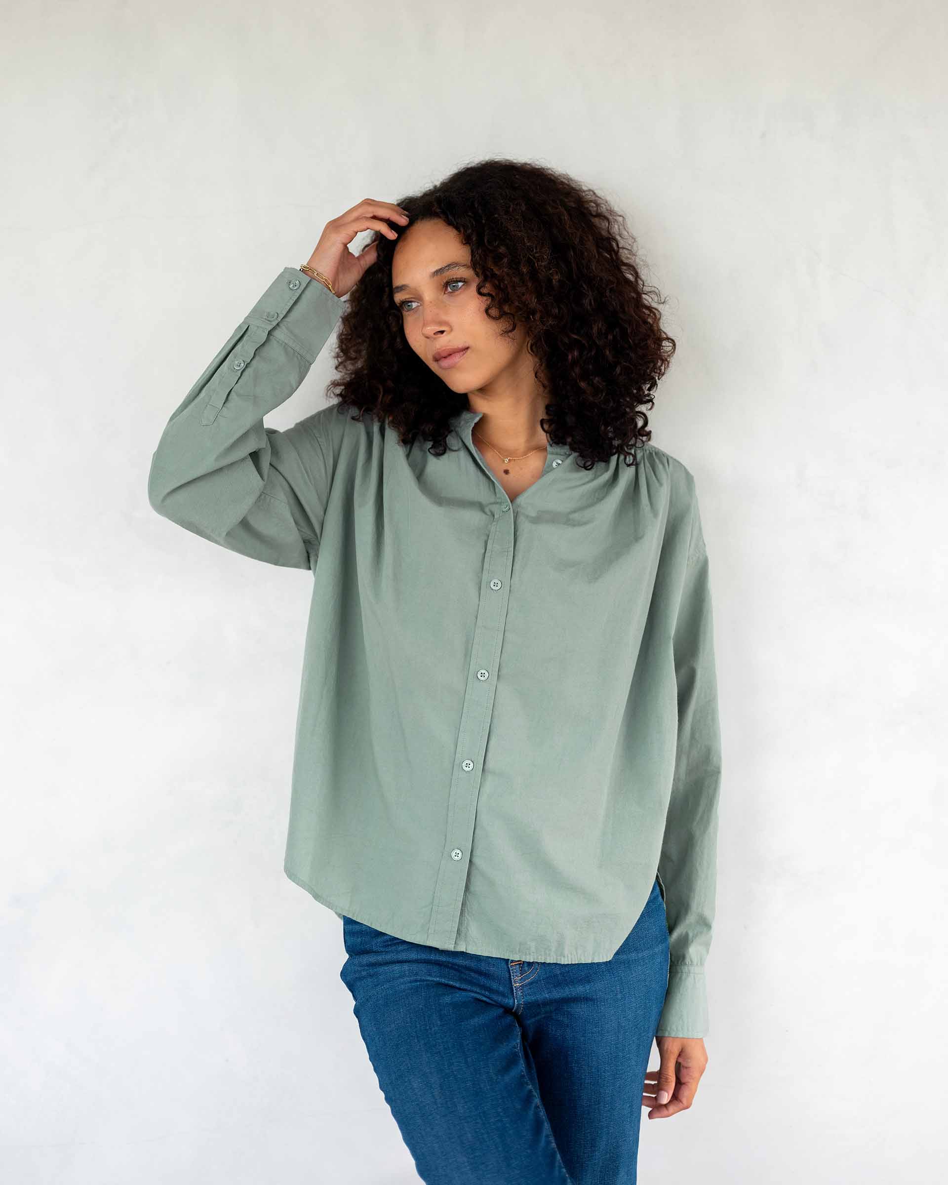 Women's Light Green Long Sleeve Button Up Blouse