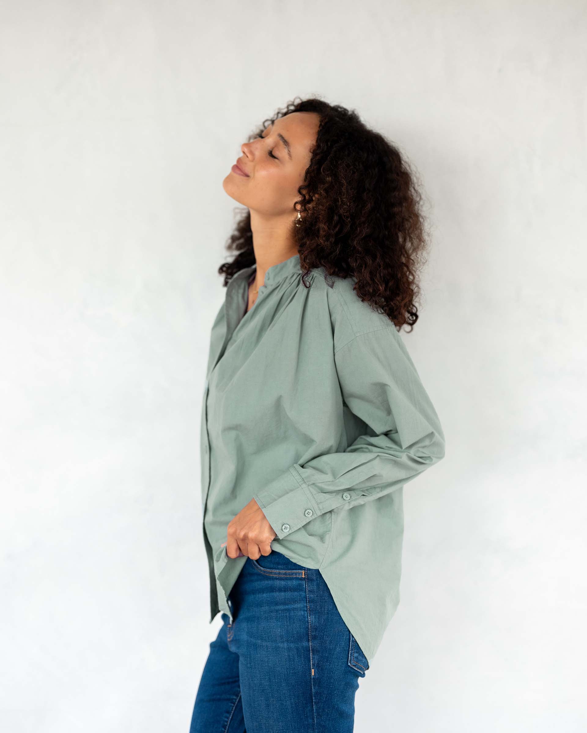 Women's Light Green Long Sleeve Button Up Blouse