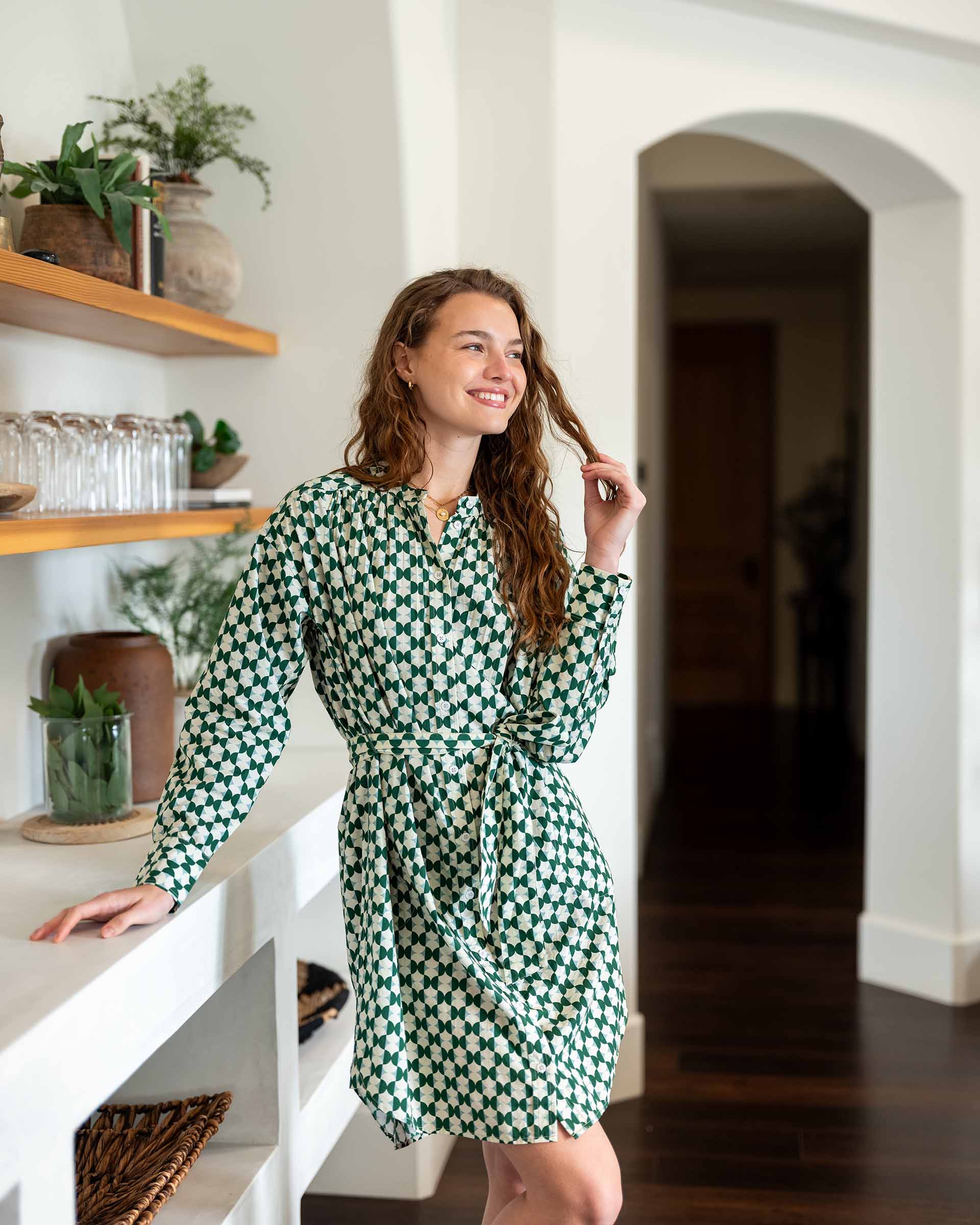 Women's Green Patterned Long Sleeve Dress Fall Fashion