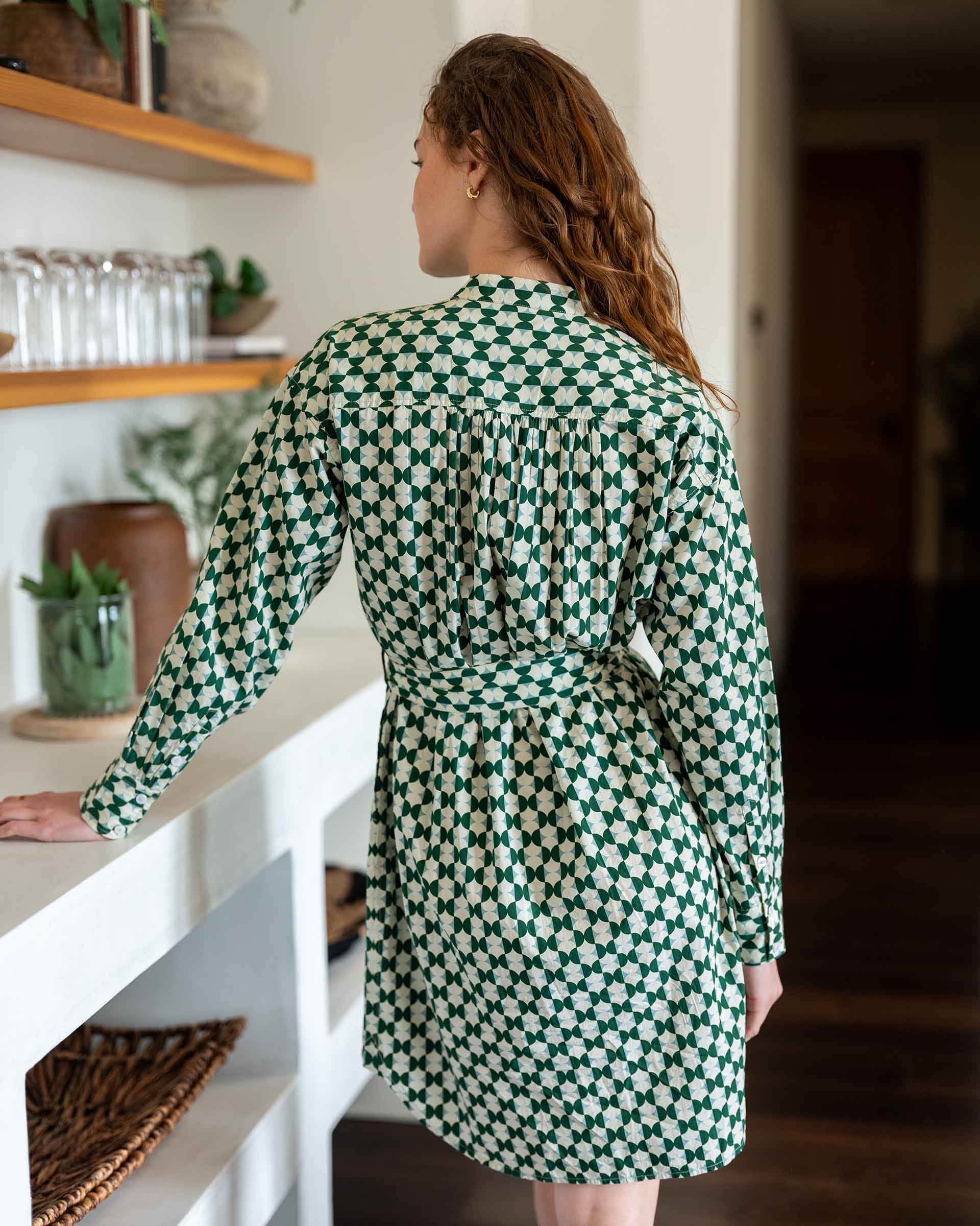 Women's Green Patterned Long Sleeve Dress Fall Fashion