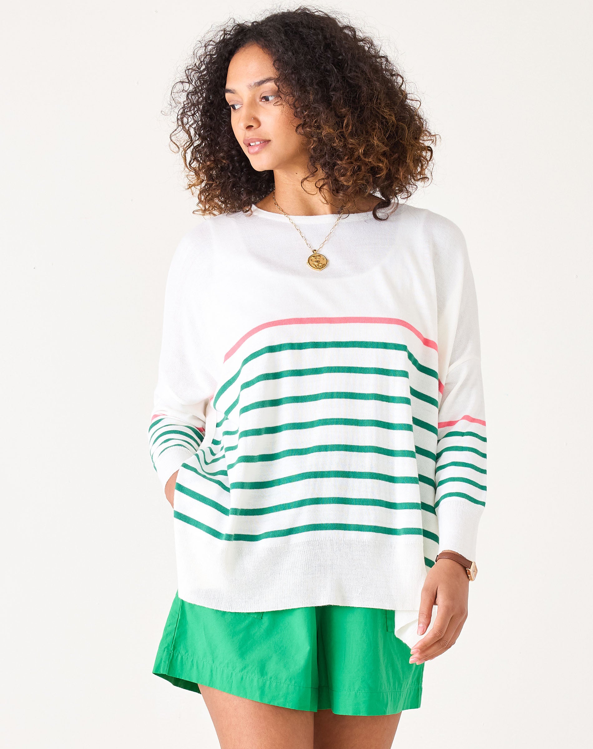 Women's Green And Pink Striped One Sized Sweater With Pink Heart On Elbow