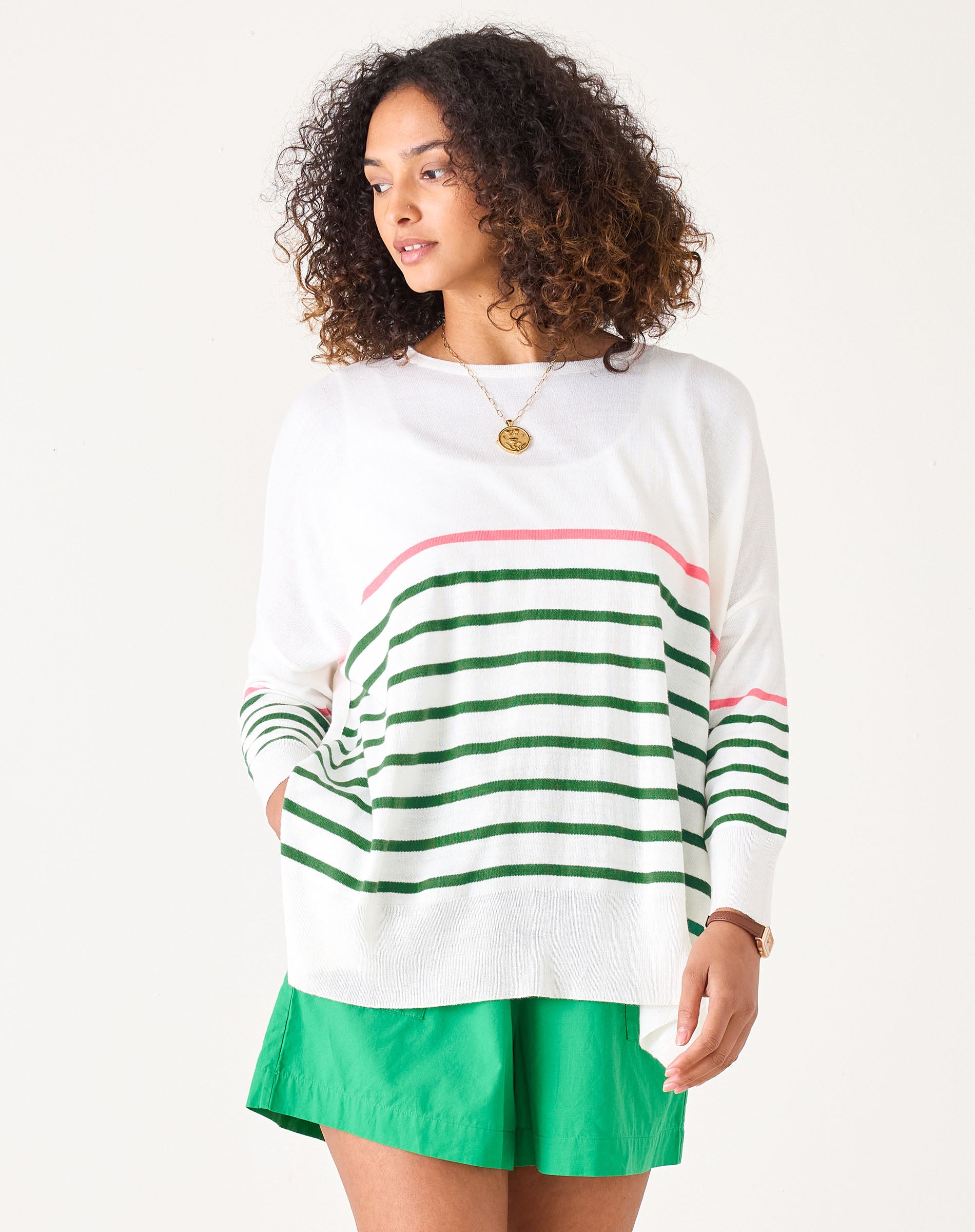 Women's Green And Pink Striped One Sized Sweater With Pink Heart On Elbow