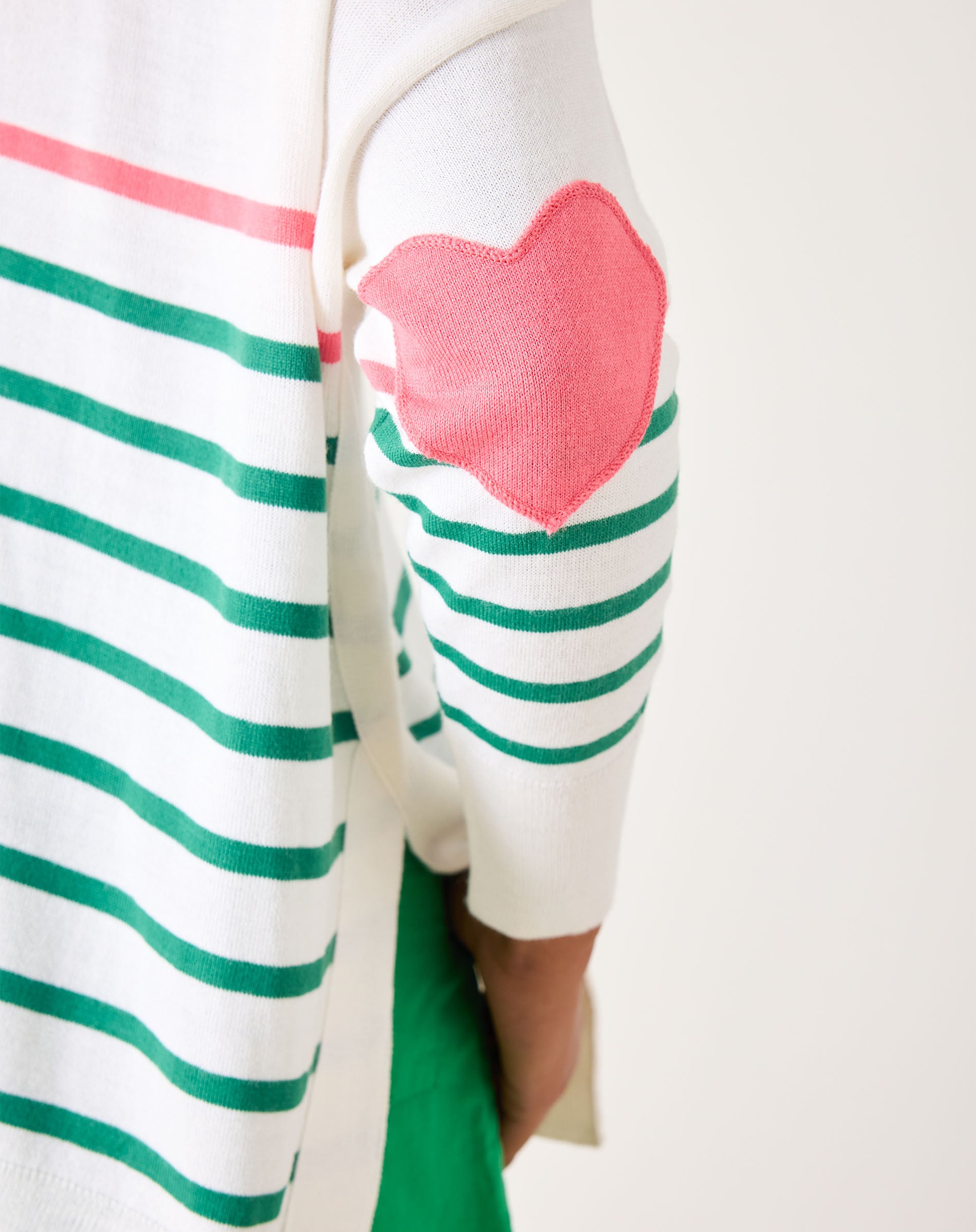 Women's Green And Pink Striped One Sized Sweater With Pink Heart On Elbow