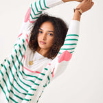 Women's Green And Pink Striped One Sized Sweater With Pink Heart On Elbow