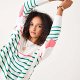 Women's Green And Pink Striped One Sized Sweater With Pink Heart On Elbow