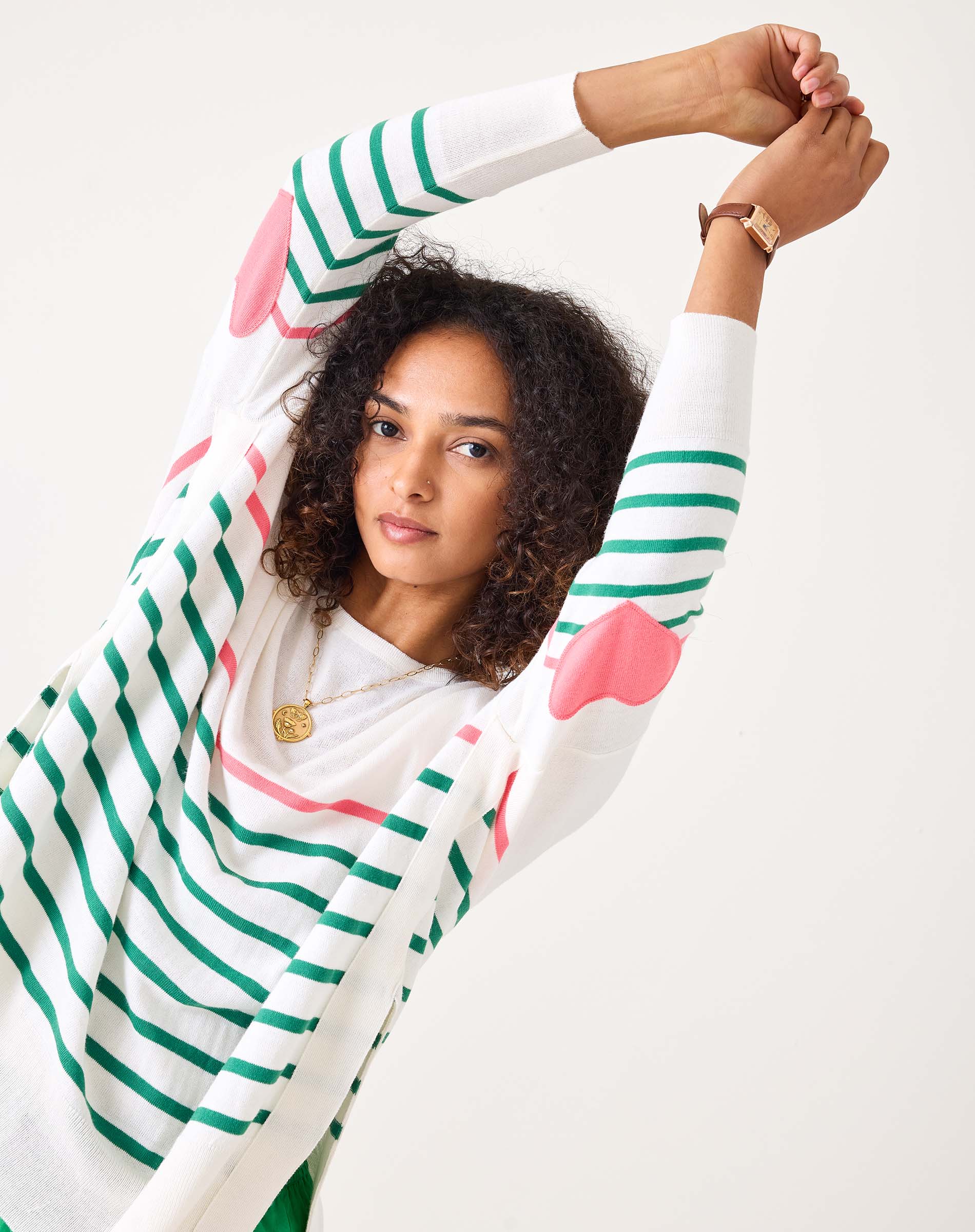 Women's Green And Pink Striped One Sized Sweater With Pink Heart On Elbow