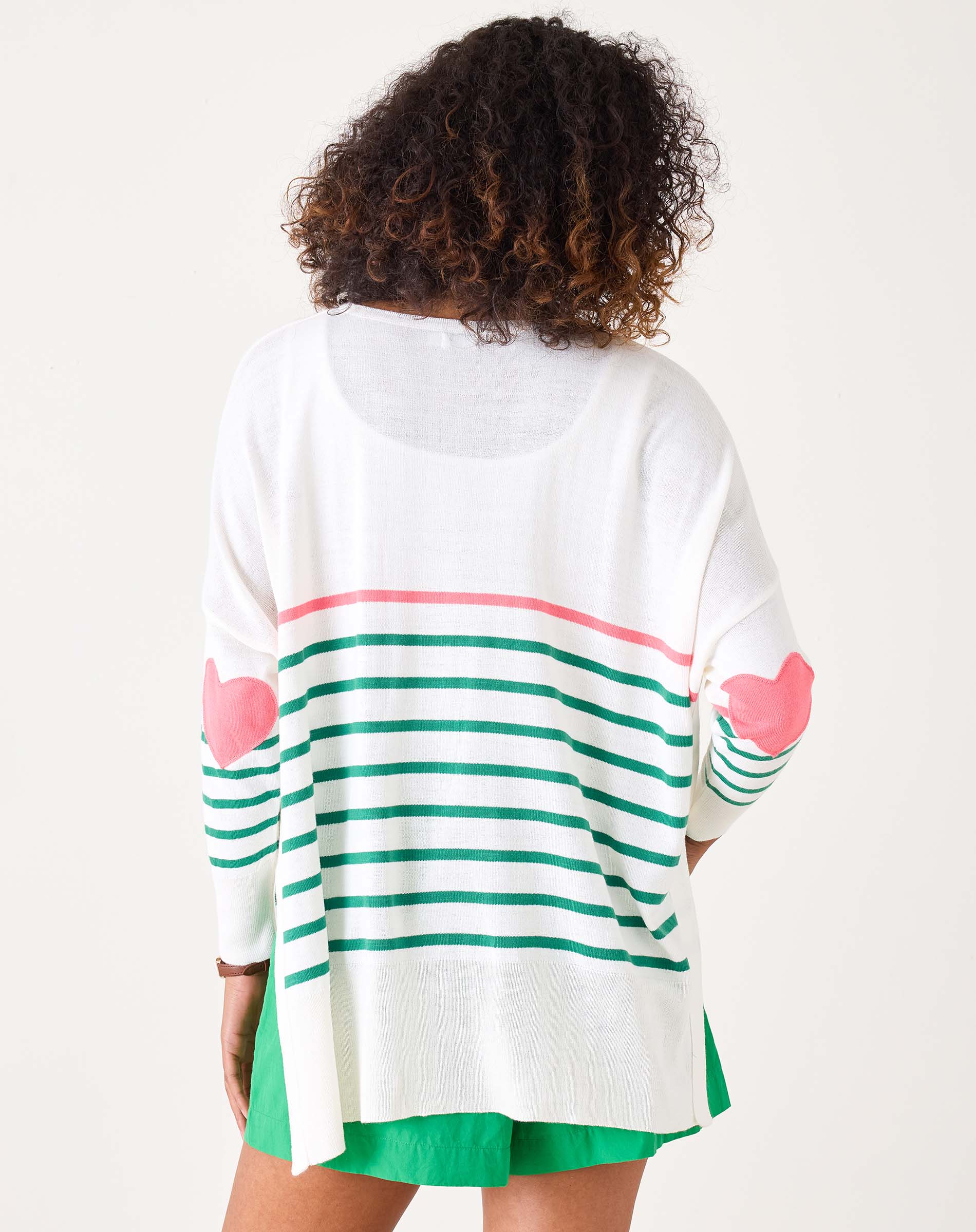 Women's Green And Pink Striped One Sized Sweater With Pink Heart On Elbow