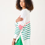 Women's Green And Pink Striped One Sized Sweater With Pink Heart On Elbow