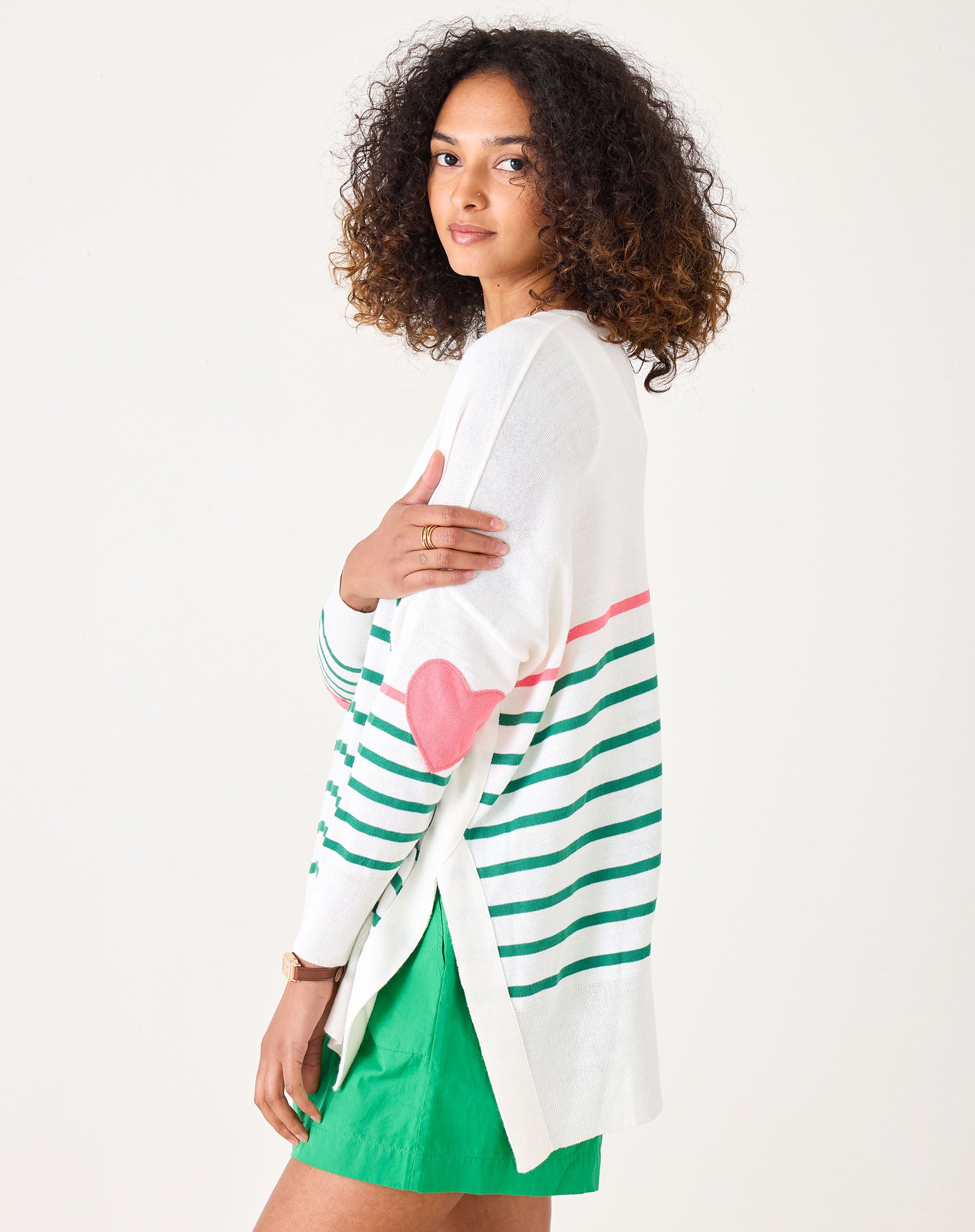 Women's Green And Pink Striped One Sized Sweater With Pink Heart On Elbow