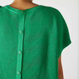 Women's One Size Green Short Sleeve Sweater with Buttons Down Back Rear View