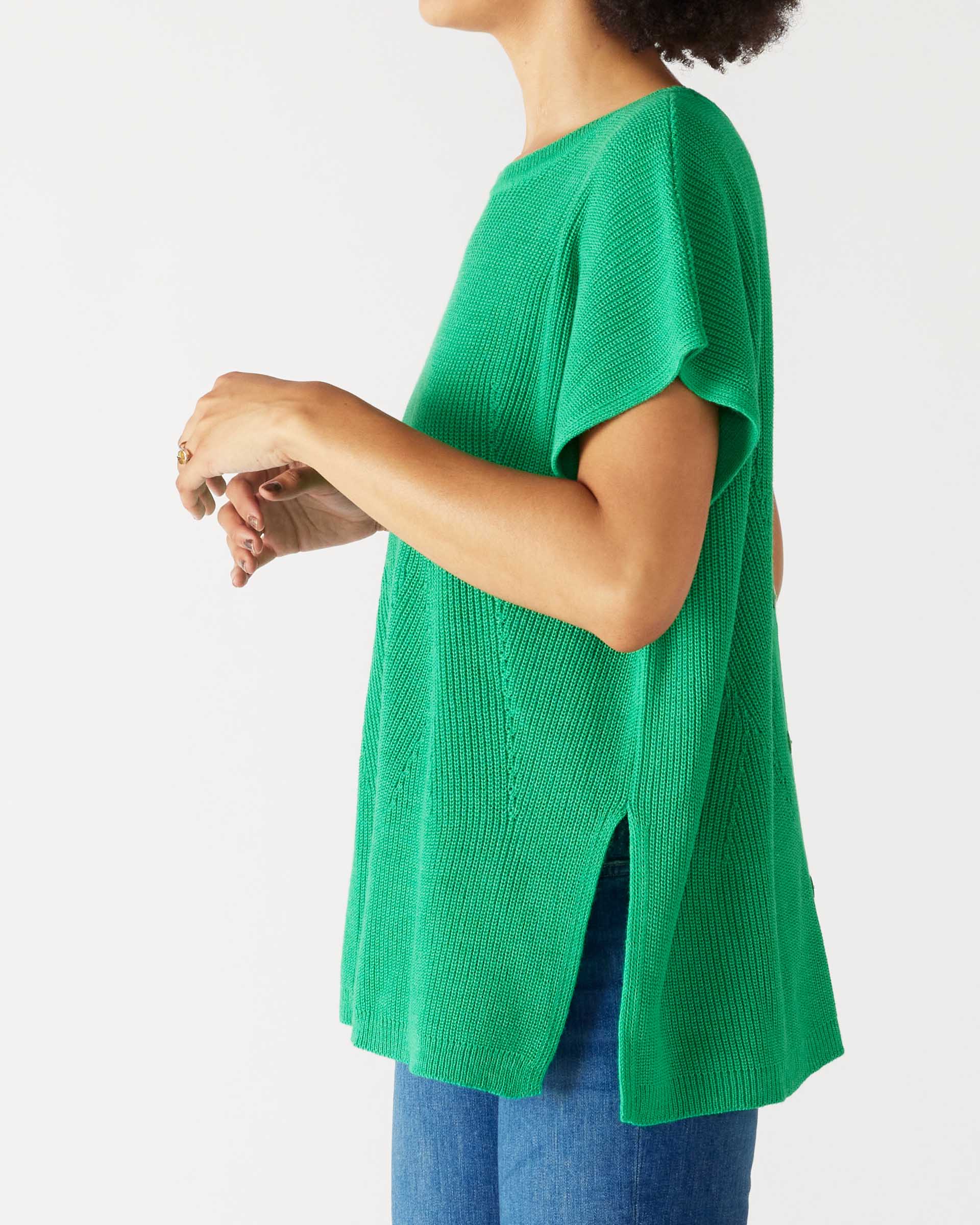 Women's One Size Green Short Sleeve Sweater with Buttons Down Back Side View