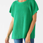Women's One Size Green Short Sleeve Sweater with Buttons Down Back Chest View