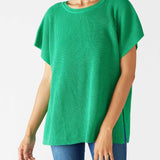 Women's One Size Green Short Sleeve Sweater with Buttons Down Back Chest View