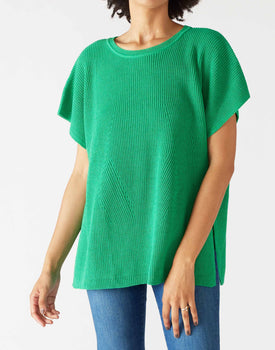 Women's One Size Green Short Sleeve Sweater with Buttons Down Back Chest View
