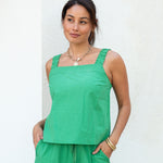 Women's Green Square Neck Tank Top With Ruffles