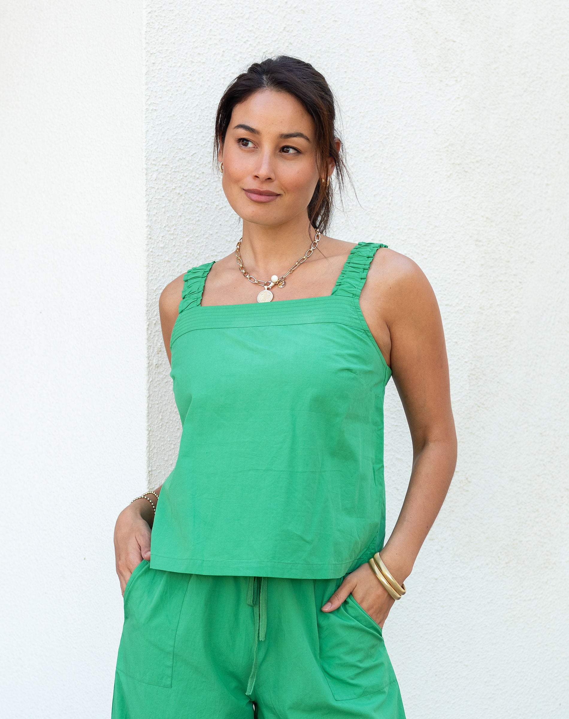 Women's Green Square Neck Tank Top With Ruffles