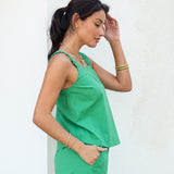 Women's Green Square Neck Tank Top With Ruffles