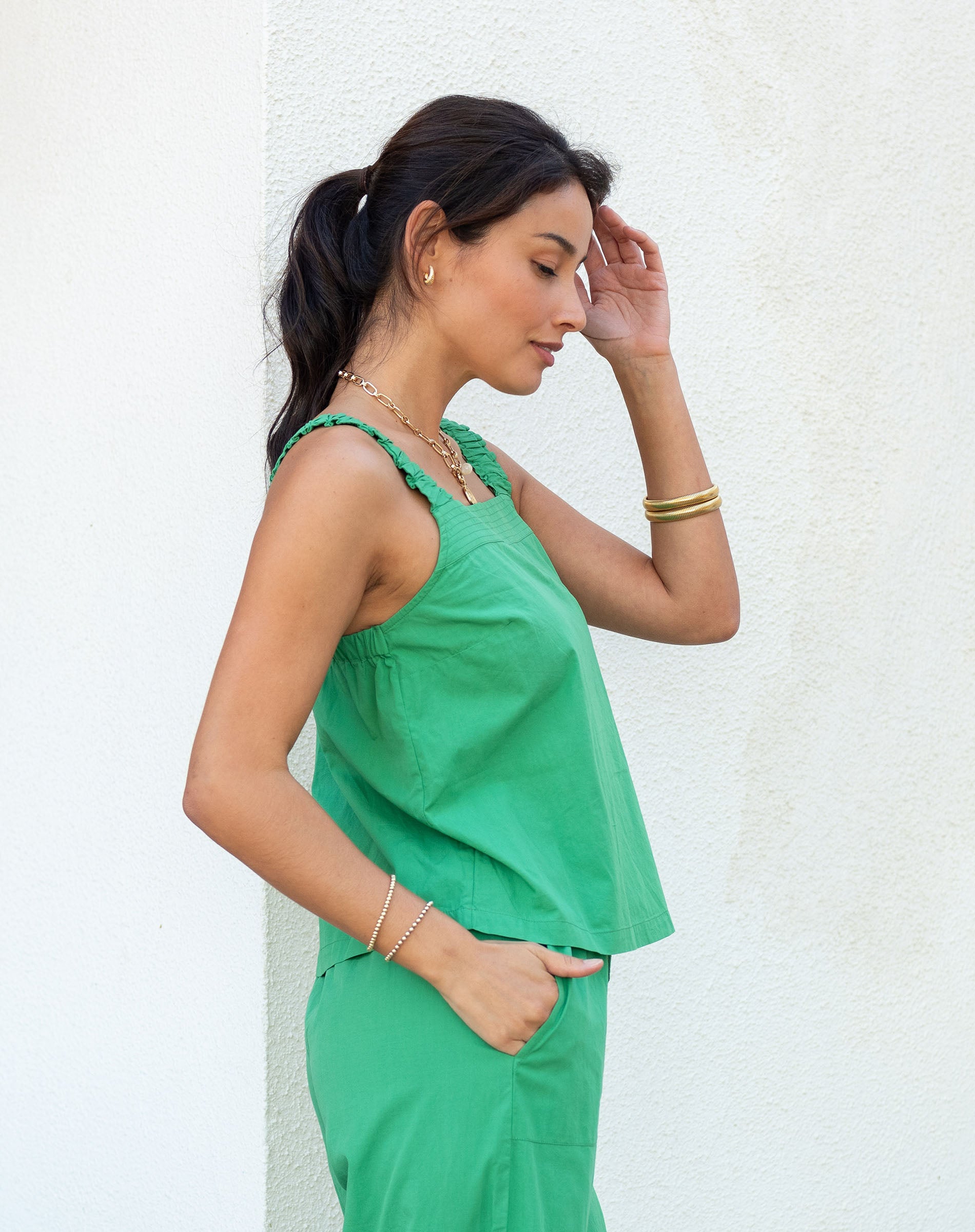 Women's Green Square Neck Tank Top With Ruffles