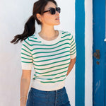 Women's Green Striped Short Sleeve Sweater