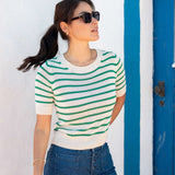 Women's Green Striped Short Sleeve Sweater