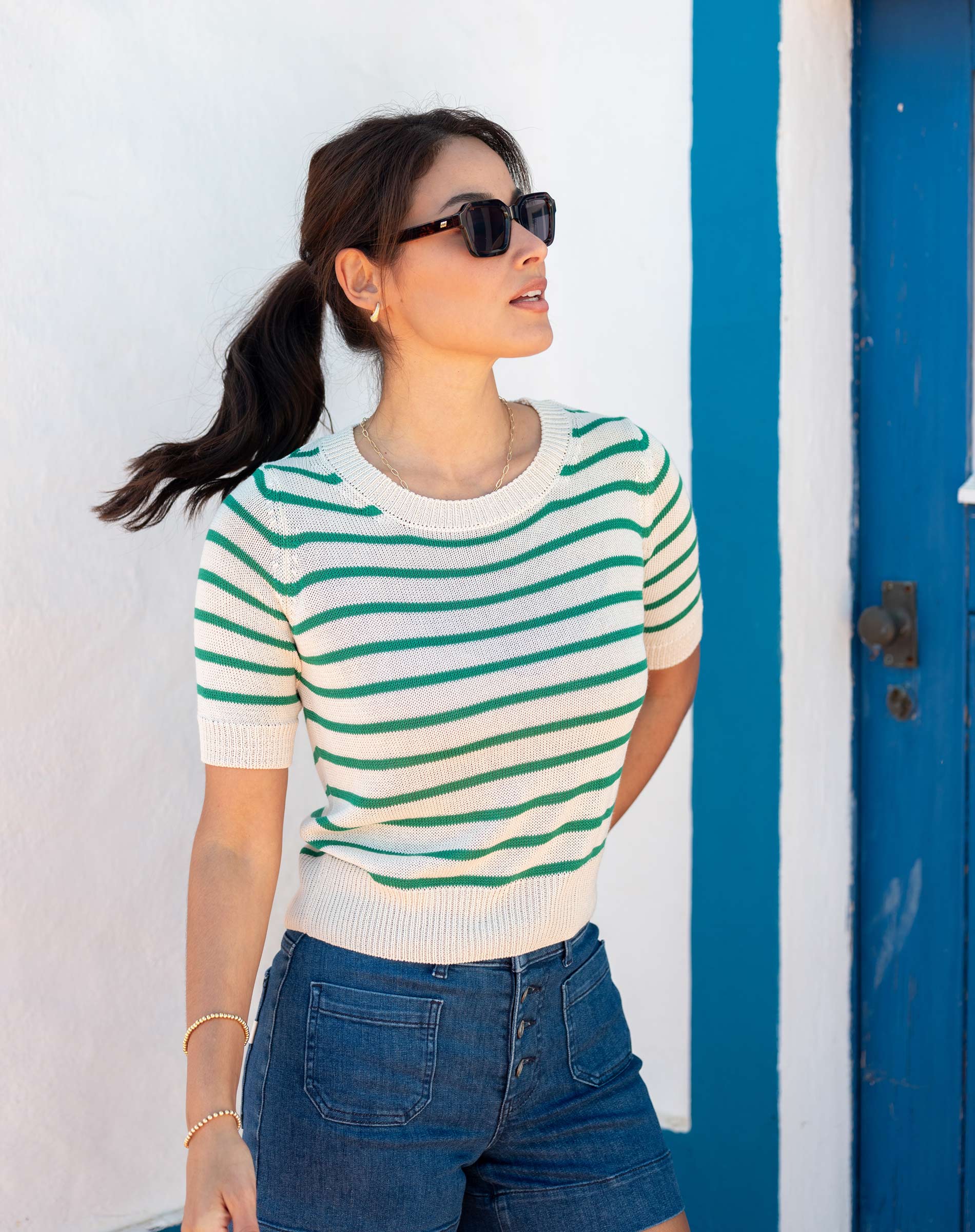 Women's Green Striped Short Sleeve Sweater