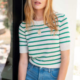 Women's Green Striped Short Sleeve Sweater