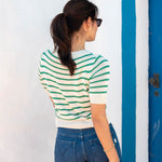 Women's Green Striped Short Sleeve Sweater