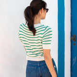 Women's Green Striped Short Sleeve Sweater