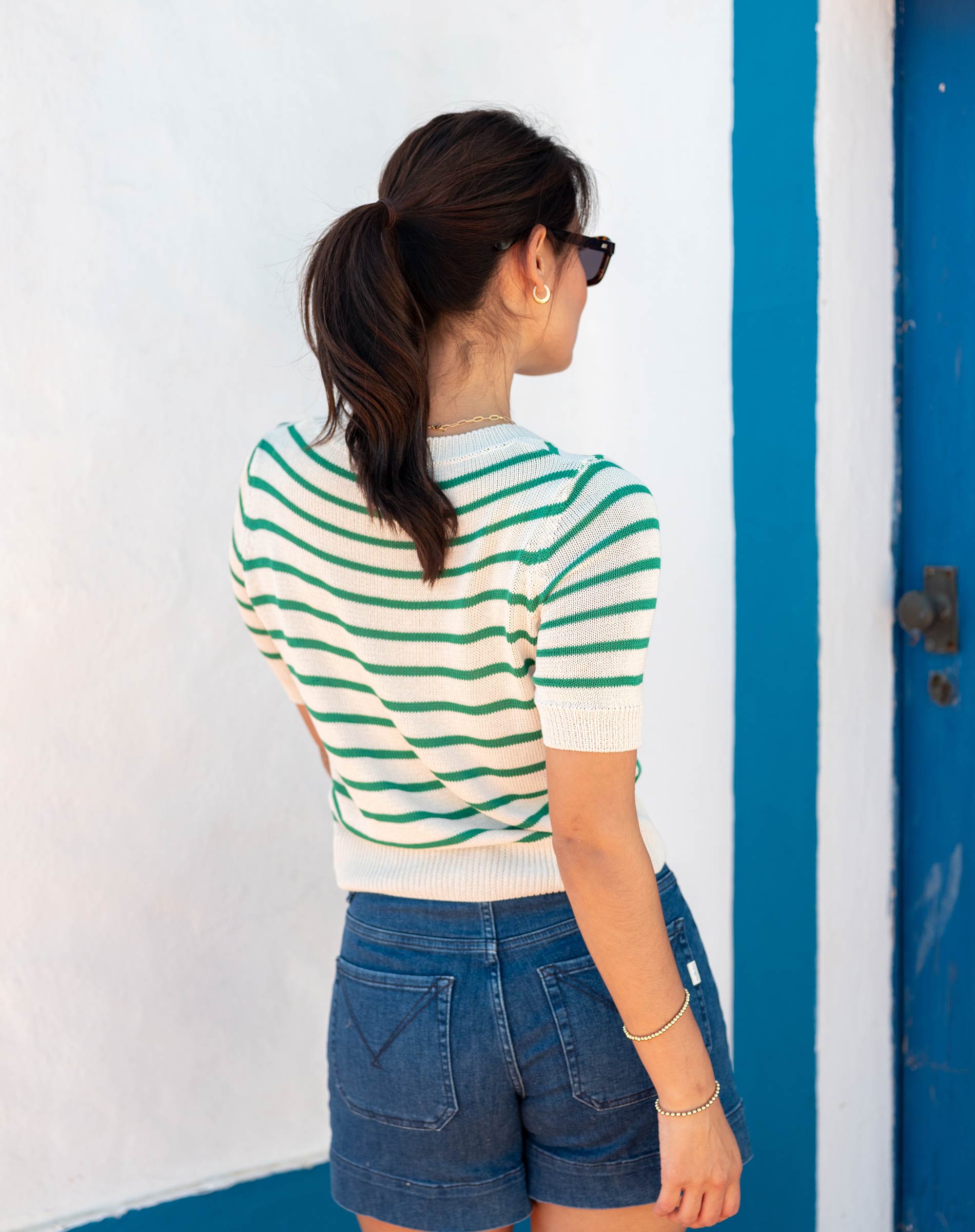 Women's Green Striped Short Sleeve Sweater