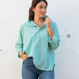 Women's Green Striped Collared Top