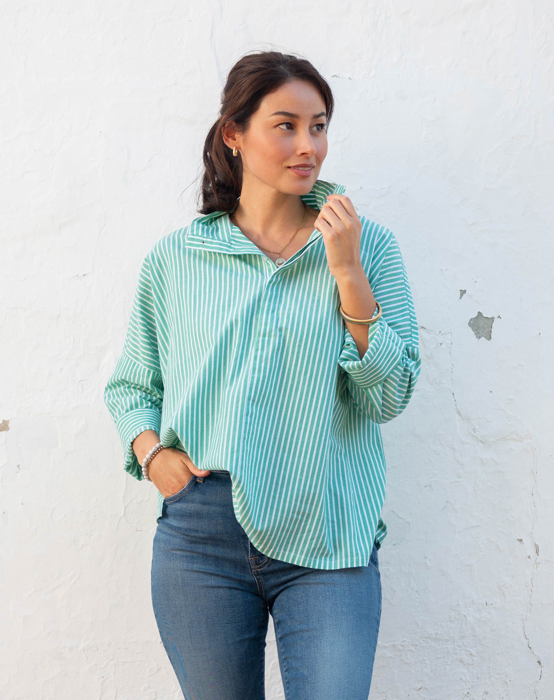 Women's Green Striped Collared Top