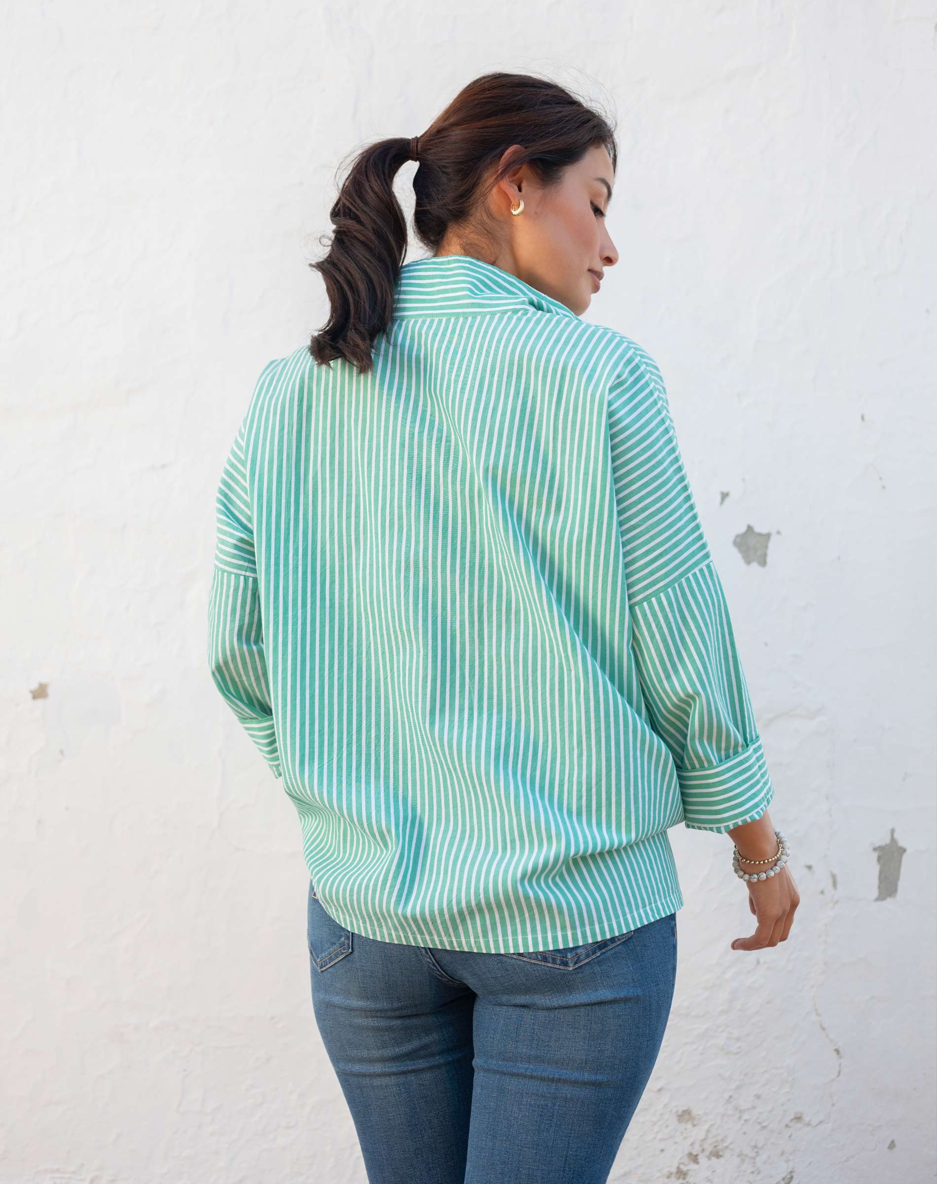 Women's Green Striped Collared Top