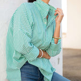 Women's Green Striped Collared Top