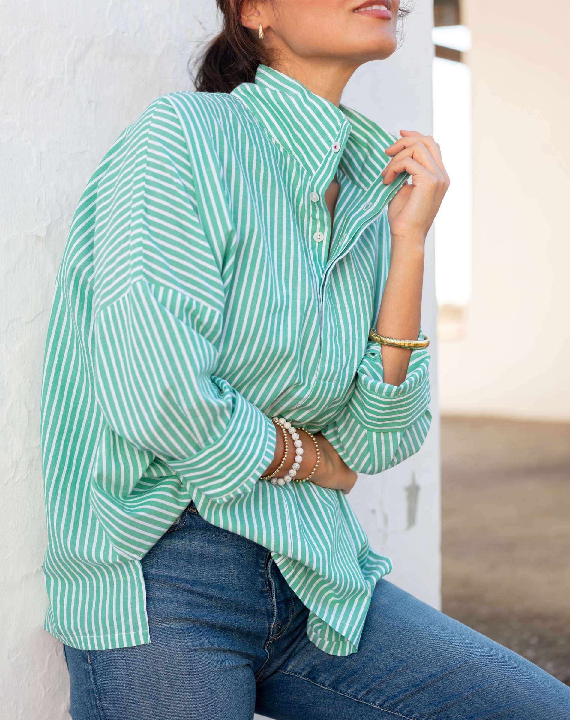 Women's Green Striped Collared Top