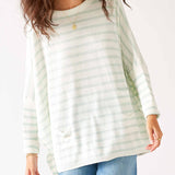 Women's Oversized Crewneck Knit Sweater in Green Stripes Chest View