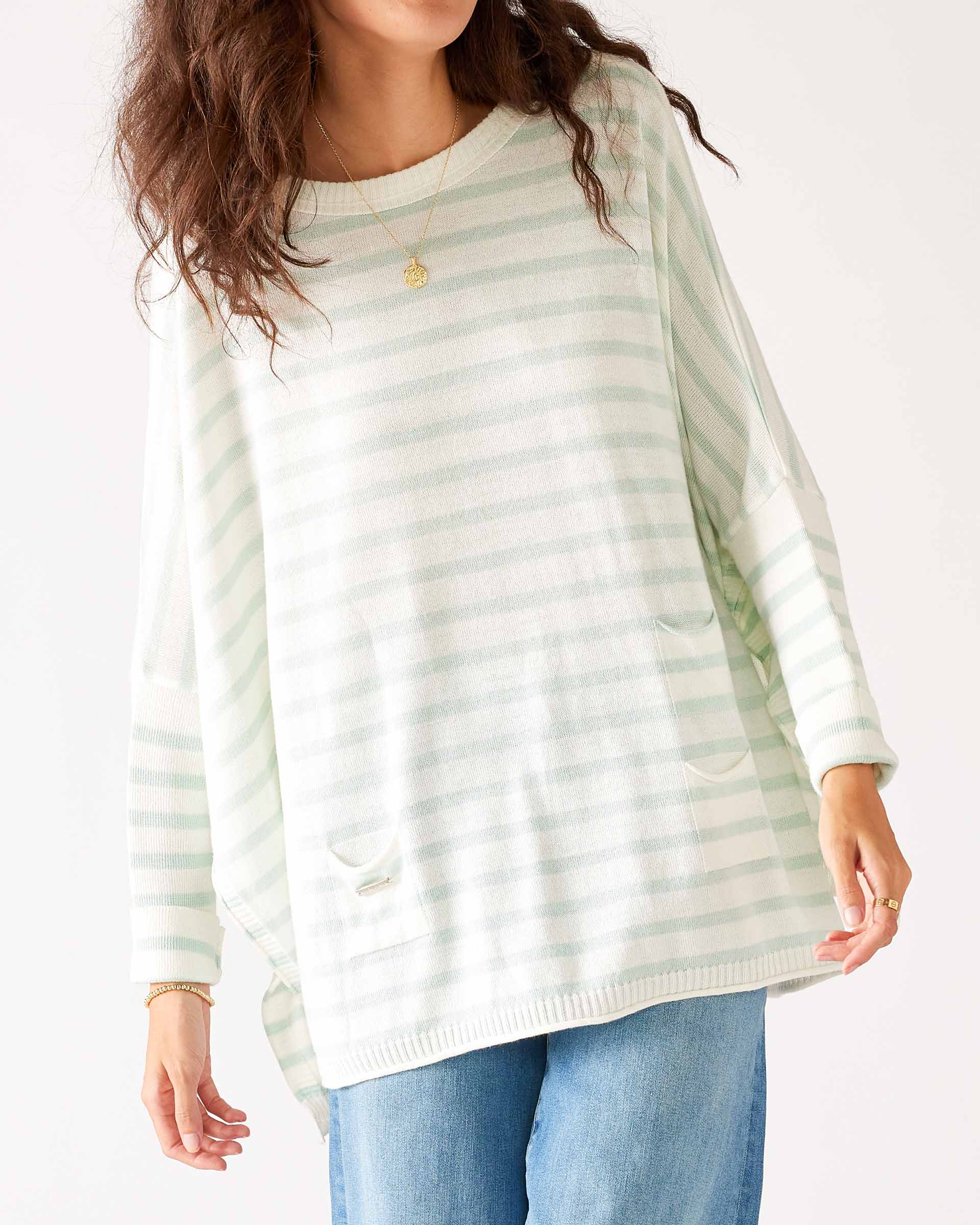 Women's Oversized Crewneck Knit Sweater in Green Stripes Chest View