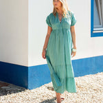 Women's Green Striped Short Sleeve Maxi Dress