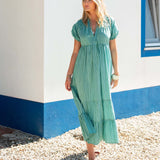 Women's Green Striped Short Sleeve Maxi Dress