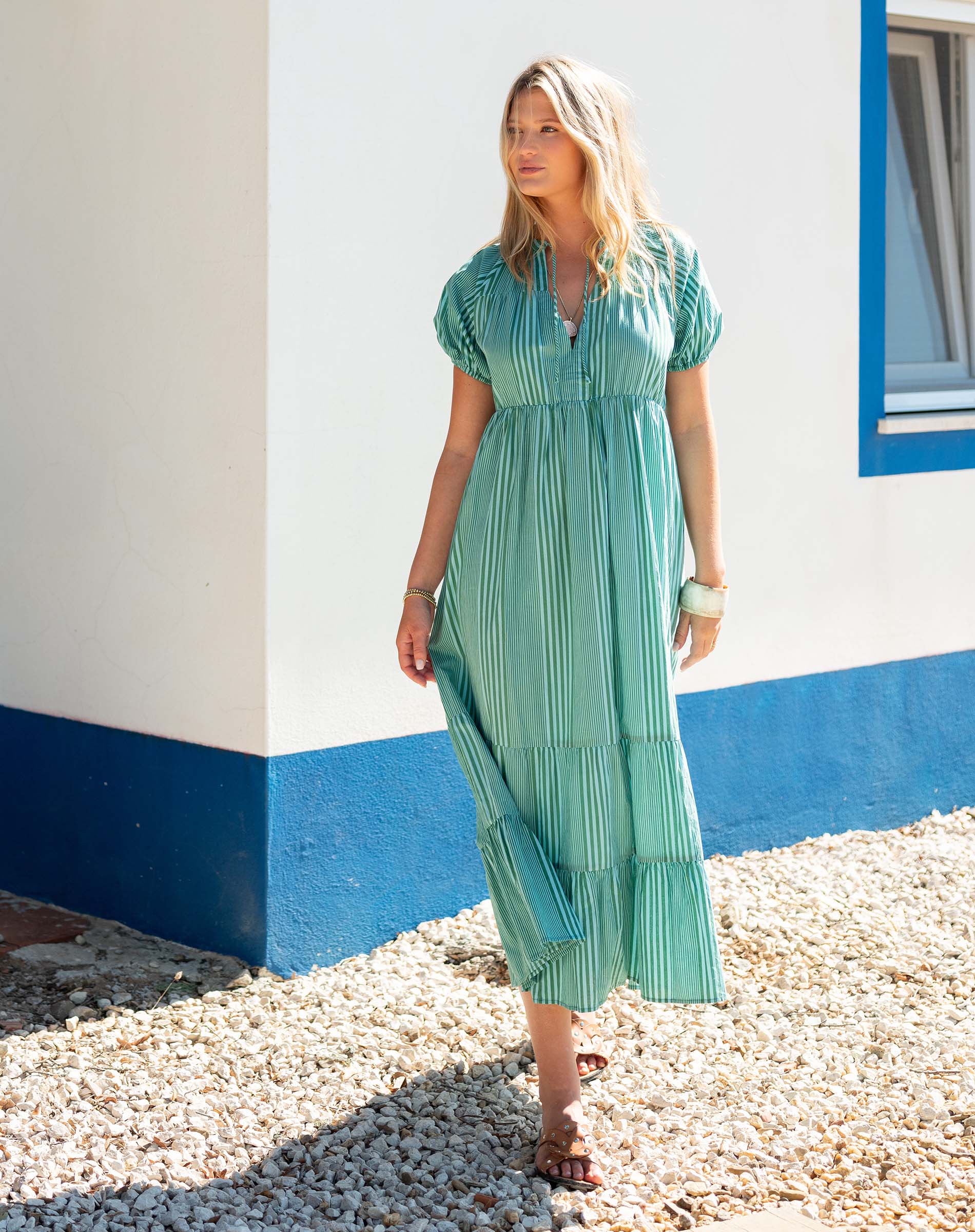 Women's Green Striped Short Sleeve Maxi Dress