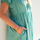 Women's Green Striped Short Sleeve Maxi Dress