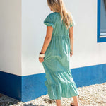 Women's Green Striped Short Sleeve Maxi Dress