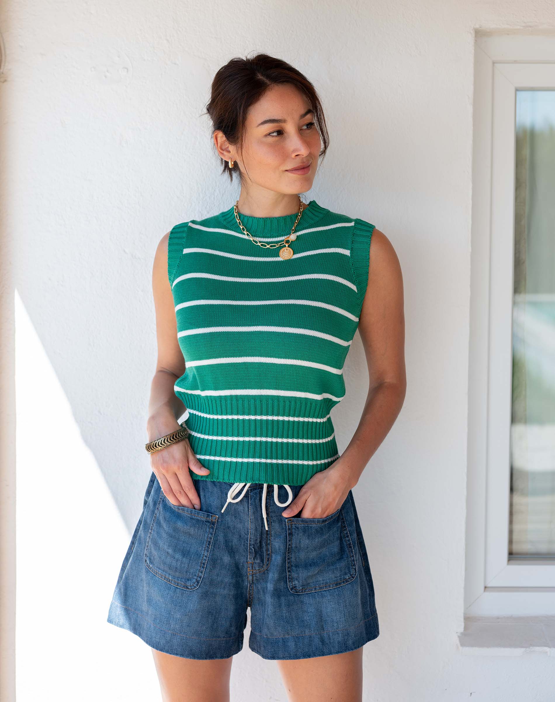 Women's Green Striped Sleeveless Retro Vest