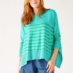 Women's One Size Green Striped Sweater with Pink Hearts on Sleeve Chest View Drape of Fabric