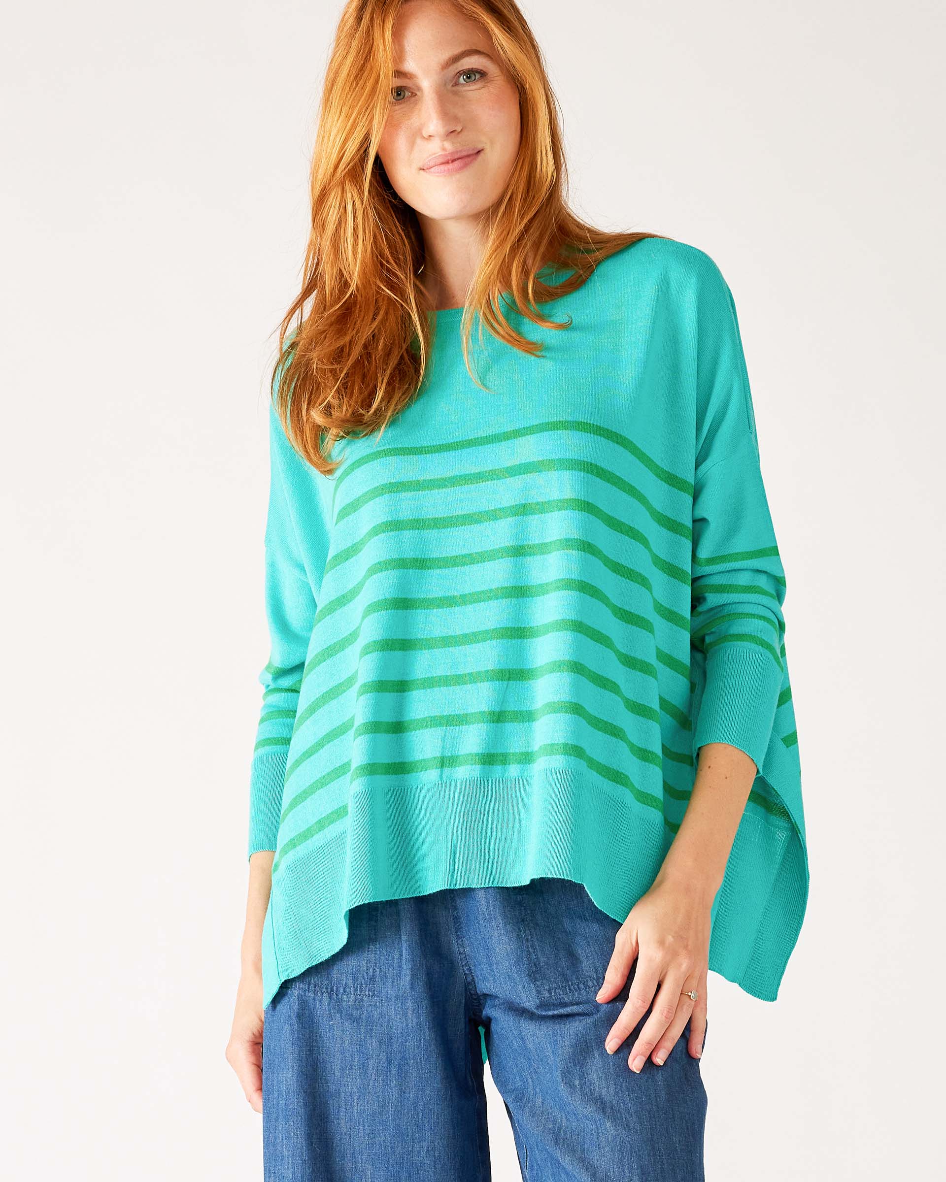 Women's One Size Green Striped Sweater with Pink Hearts on Sleeve Chest View Drape of Fabric