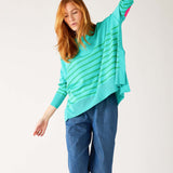 Women's One Size Green Striped Sweater with Pink Hearts on Sleeve Chest View