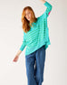 Women's One Size Green Striped Sweater with Pink Hearts on Sleeve Chest View
