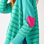 Women's One Size Green Striped Sweater with Pink Hearts on Sleeve Side View Details