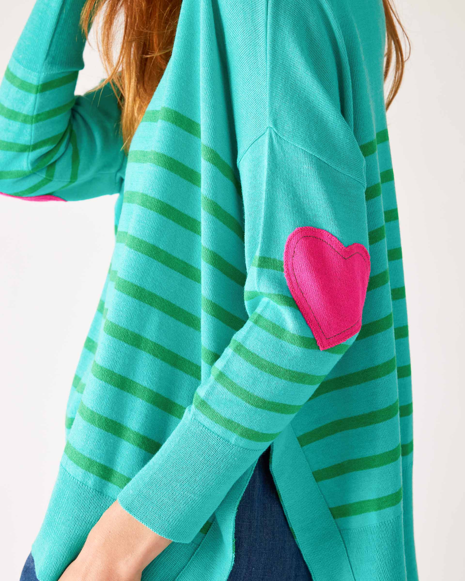Women's One Size Green Striped Sweater with Pink Hearts on Sleeve Side View Details