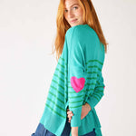 Women's One Size Green Striped Sweater with Pink Hearts on Sleeve Side View